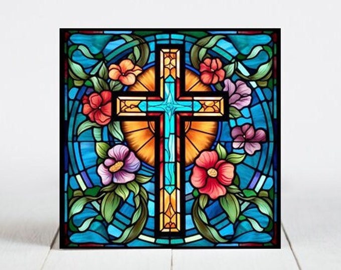 Flower Cross Ceramic Tile, Flower Cross Decorative Tile, Flower Cross Gift, Flower Cross Coaster, Faux Stained-Glass Dog Art
