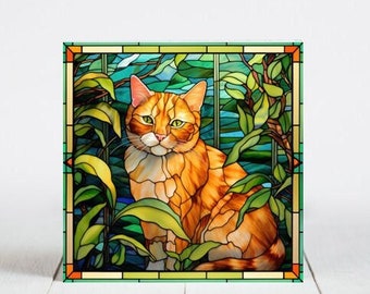Orange Tabby Cat Ceramic Tile, Tabby Cat Decorative Tile, Tabby Cat Gift, Tabby Cat Coaster, Faux Stained-Glass Cat Art