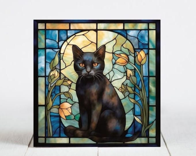 Black Cat Ceramic Tile, Black Cat Decorative Tile, Black Cat Gift, Black Cat Coaster, Faux Stained-Glass Cat Art
