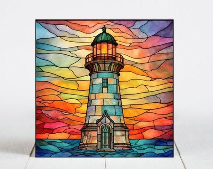 Lighthouse Ceramic Tile, Lighthouse Decorative Tile, Lighthouse Gift, Lighthouse Coaster, Faux Stained-Glass Dog Art