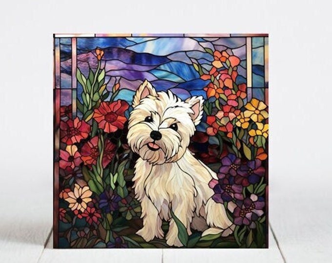 Westie Ceramic Tile, Westie Decorative Tile, Westie Gift, Westie Coaster, Faux Stained-Glass Dog Art