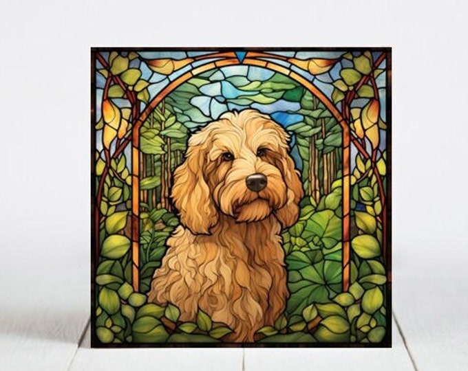 GoldenDoodle Ceramic Tile, GoldenDoodle Decorative Tile, GoldenDoodle Gift, GoldenDoodle Coaster, Faux Stained-Glass Dog Art