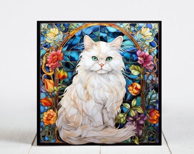 Persian Cat Ceramic Tile, Persian Cat Decorative Tile, Persian Cat Gift, Persian Cat Coaster, Faux Stained-Glass Cat Art