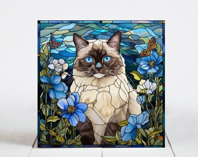 Ragdoll Cat Ceramic Tile, Ragdoll Cat Decorative Tile, Ragdoll Cat Gift, Ragdoll Cat Coaster, Faux Stained-Glass Cat Art