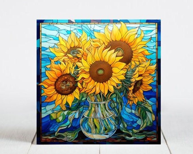 Sunflowers Ceramic Tile, Sunflowers Decorative Tile, Sunflowers Gift, Sunflowers Coaster, Faux Stained-Glass Art