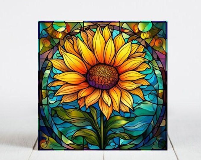 Sunflower Ceramic Tile, Sunflower Decorative Tile, Sunflower Gift, Sunflower Coaster, Faux Stained-Glass Art