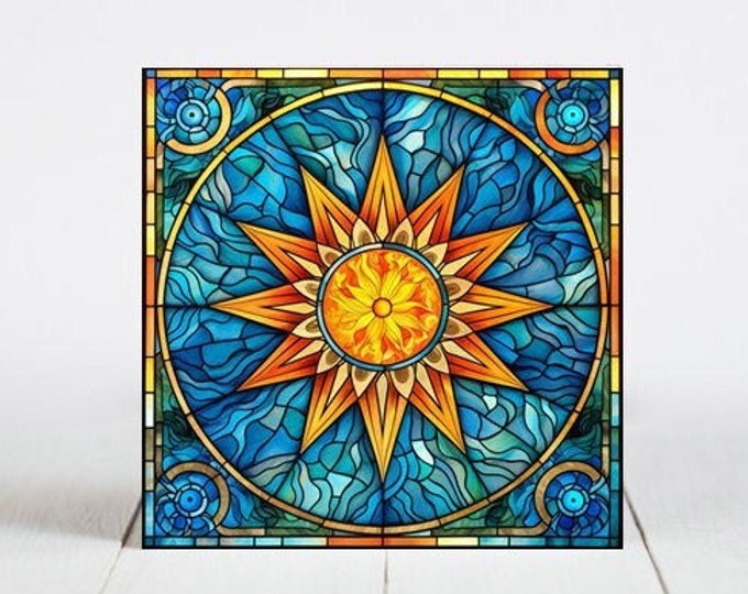 Sun and Moon Ceramic Tile, Sun and Moon Decorative Tile, Sun and Moon Gift, Sun and Moon Coaster, Faux Stained-Glass Dog Art
