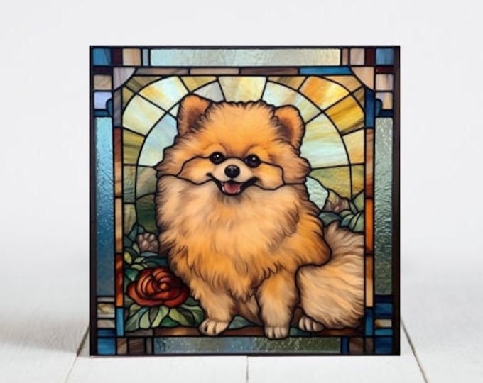 Pomeranian Ceramic Tile, Pomeranian Decorative Tile, Pomeranian Gift, Pomeranian Coaster, Faux Stained-Glass Dog Art