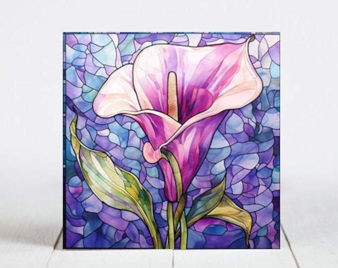 Calla Lily Flower Ceramic Tile, Calla Lily Decorative Tile, Calla Lily Gift, Calla Lily Coaster, Faux Stained-Glass Art