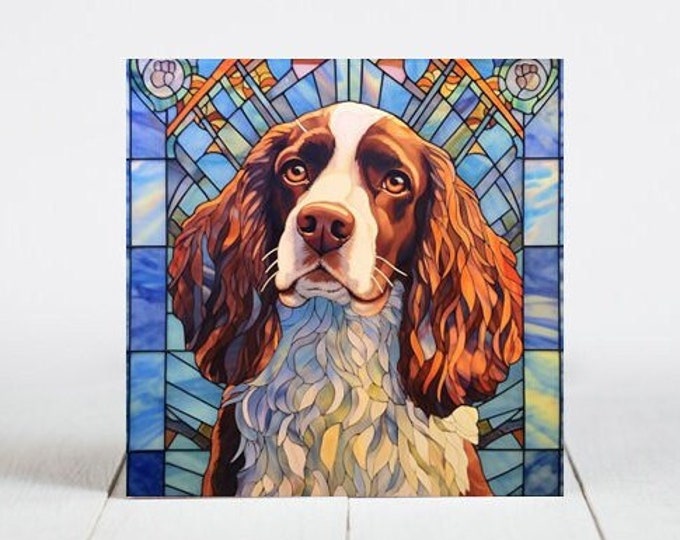 English Springer Spaniel Ceramic Tile, Spaniel Decorative Tile, Spaniel Gift, Spaniel Coaster, Faux Stained-Glass Dog Art