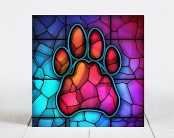 Paw Ceramic Tile, Paw Decorative Tile, Pawprint Gift, Paw Coaster, Faux Stained-Glass Dog Paw Art