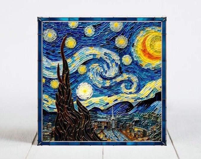 Van Gogh Starry Night Ceramic Tile, Starry Night Decorative Tile, Starry Night Gift, Starry Night Coaster, Faux Stained-Glass Dog Art