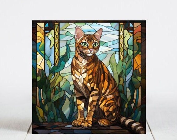 Bengal Cat Ceramic Tile, Bengal Decorative Tile, Bengal Gift, Bengal Coaster, Faux Stained-Glass Cat Art