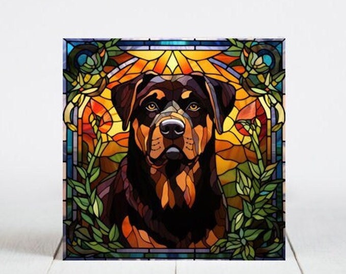 Rottweiler Ceramic Tile, Rottweiler Decorative Tile, Rottweiler Gift, Rottweiler Coaster, Faux Stained-Glass Dog Art