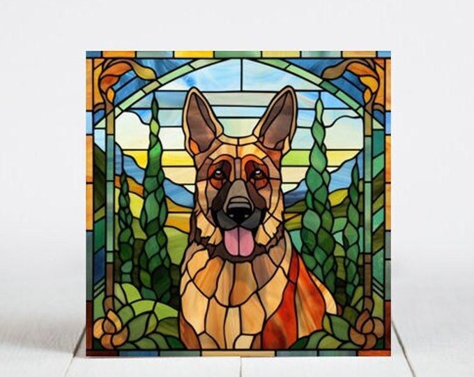 German Shepherd Ceramic Tile, German Shepherd Decorative Tile, German Shepherd Gift, German Shepherd Coaster, Faux Stained-Glass Dog Art