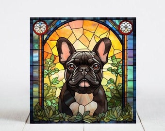 French Bulldog Ceramic Tile, French Bulldog Decorative Tile, French Bulldog Gift, French Bulldog Coaster, Faux Stained-Glass Dog Art