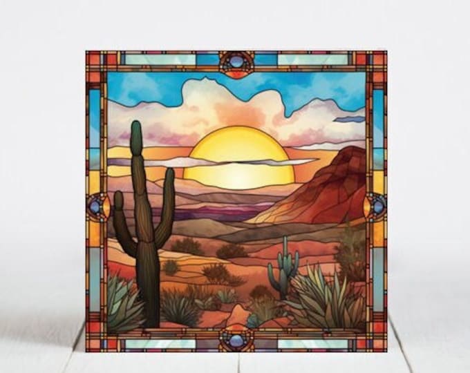 Desert Scene Ceramic Tile, Desert Decorative Tile, Desert Gift, Desert Coaster, Faux Stained-Glass Dog Art