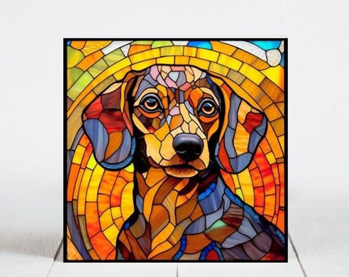 Dachshund Ceramic Tile, Dachshund Decorative Tile, Dachshund Gift, Dachshund Coaster, Faux Stained-Glass Dog Art