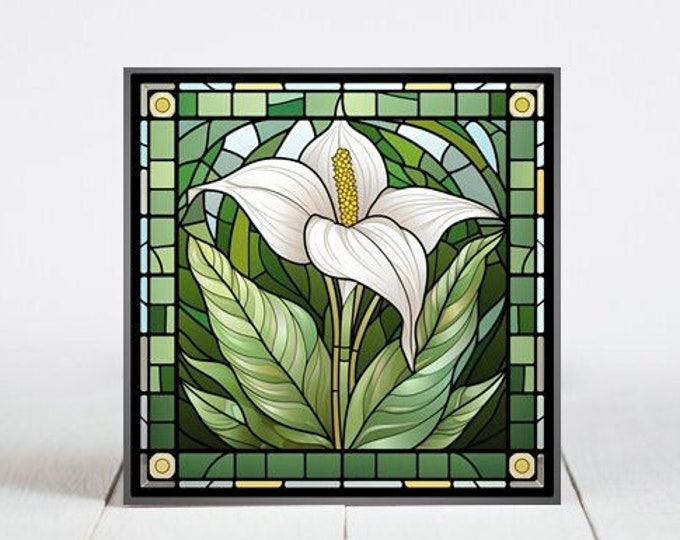 Calla Lily Flower Ceramic Tile, Calla Lily Decorative Tile, Calla Lily Gift, Calla Lily Coaster, Faux Stained-Glass Art
