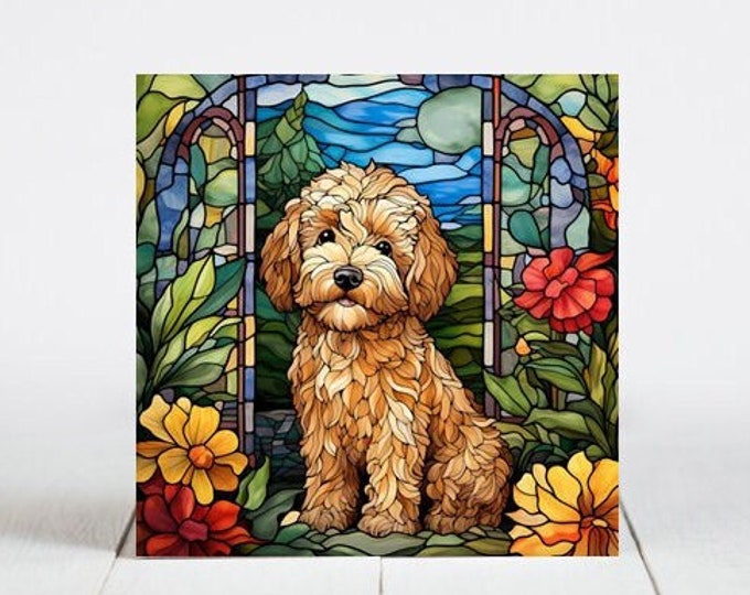 Mini GoldenDoodle Ceramic Tile, Mini GoldenDoodle Decorative Tile, Mini GoldenDoodle Gift, GoldenDoodle Coaster, Faux Stained-Glass Dog Art