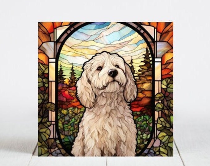 Labradoodle Ceramic Tile, Labradoodle Decorative Tile, Labradoodle Gift, Labradoodle Coaster, Faux Stained-Glass Dog Art
