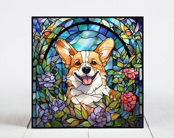Corgi Ceramic Tile, Corgi Decorative Tile, Corgi Gift, Corgi Coaster, Faux Stained-Glass Dog Art