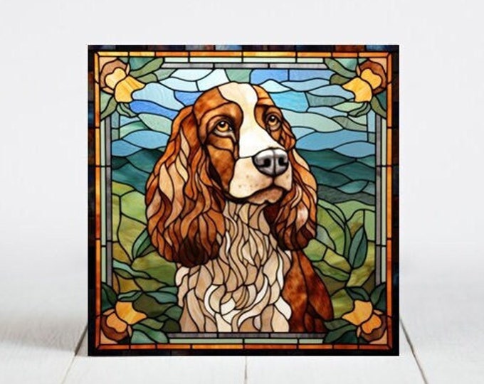 Brown Cocker Spaniel Ceramic Tile, Cocker Spaniel Decorative Tile, Cocker Spaniel Gift, Cocker Spaniel Coaster, Faux Stained-Glass Dog Art