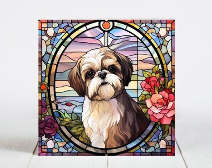 Shih Tzu Ceramic Tile, Shih Tzu Decorative Tile, Shih Tzu Gift, Shih Tzu Coaster, Faux Stained-Glass Dog Art