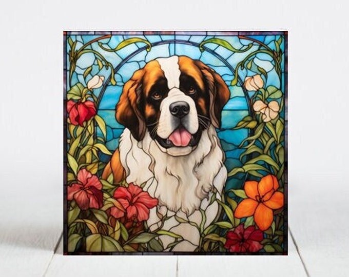 Saint Bernard Ceramic Tile, Saint Bernard Decorative Tile, Saint Bernard Gift, Saint Bernard Coaster, Faux Stained-Glass Dog Art