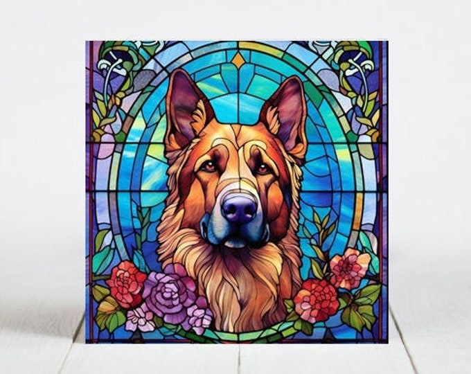 German Shepherd Ceramic Tile, German Shepherd Decorative Tile, German Shepherd Gift, German Shepherd Coaster, Faux Stained-Glass Dog Art