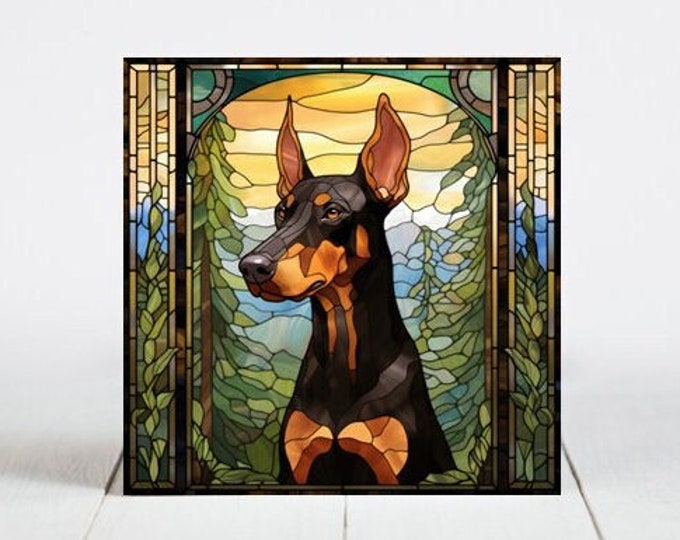 Doberman Ceramic Tile, Doberman Decorative Tile, Doberman Gift, Doberman Coaster, Faux Stained-Glass Dog Art