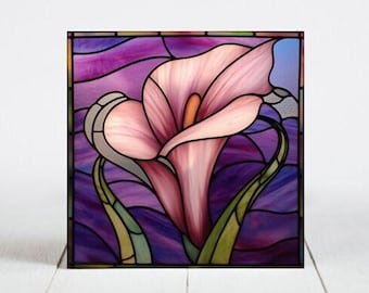 Calla Lily Flower Ceramic Tile, Calla Lily Decorative Tile, Calla Lily Gift, Calla Lily Coaster, Faux Stained-Glass Art