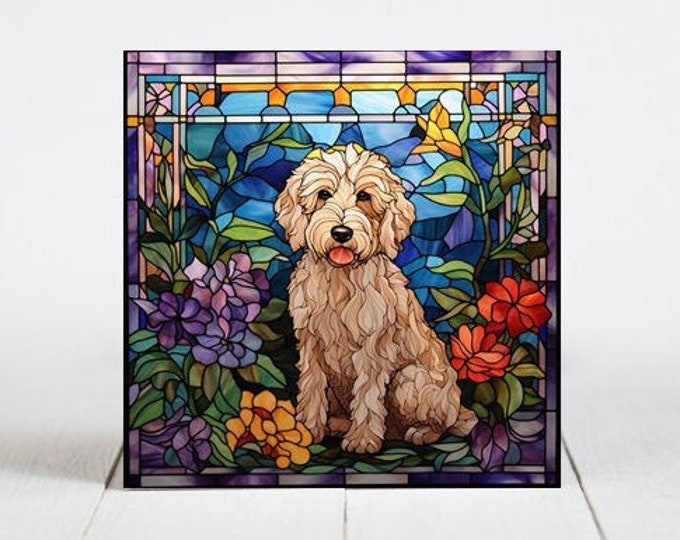 GoldenDoodle Ceramic Tile, GoldenDoodle Decorative Tile, GoldenDoodle Gift, GoldenDoodle Coaster, Faux Stained-Glass Dog Art