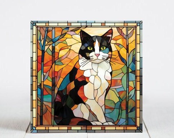 Calico Cat Ceramic Tile, Calico Cat Decorative Tile, Calico Cat Gift, Calico Cat Coaster, Faux Stained-Glass Cat Art