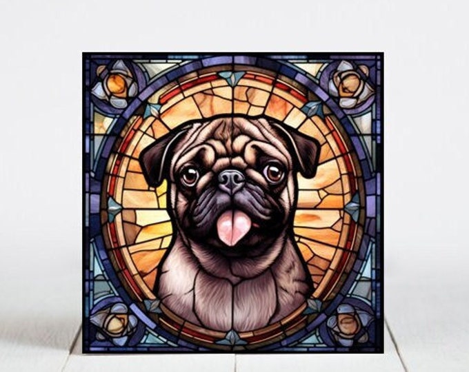 Pug Ceramic Tile, Pug Decorative Tile, Pug Gift, Pug Coaster, Faux Stained-Glass Dog Art