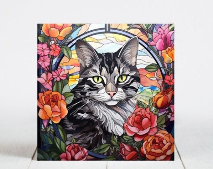 Grey Tabby Cat Ceramic Tile, Tabby Cat Decorative Tile, Tabby Cat Gift, Tabby Cat Coaster, Faux Stained-Glass Cat Art