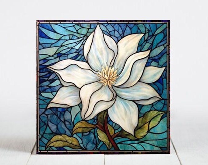 White Flower Ceramic Tile, Flower Decorative Tile, Flower Gift, Flower Coaster, Faux Stained-Glass Art