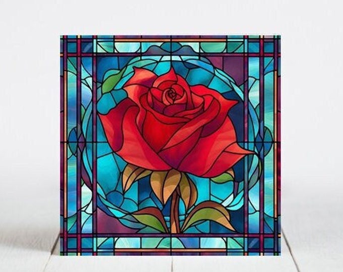 Rose Flower Ceramic Tile, Rose Decorative Tile, Rose Gift, Rose Coaster, Faux Stained-Glass Art