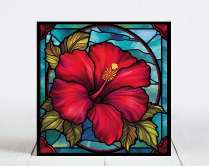 Hibiscus Flower Ceramic Tile, Hibiscus Flower Decorative Tile, Hibiscus Flower Gift, Hibiscus Flower Coaster, Faux Stained-Glass Art