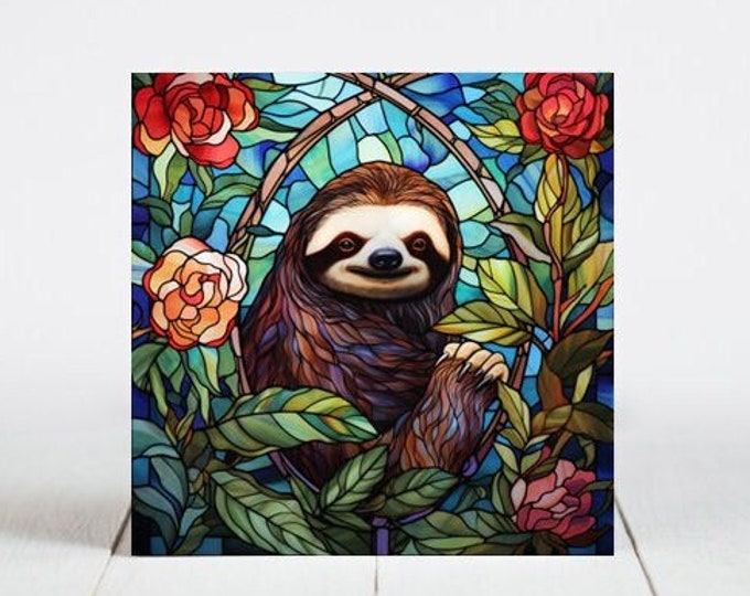 Sloth Ceramic Tile, Sloth Decorative Tile, Sloth Gift, Sloth Coaster, Faux Stained-Glass Dog Art