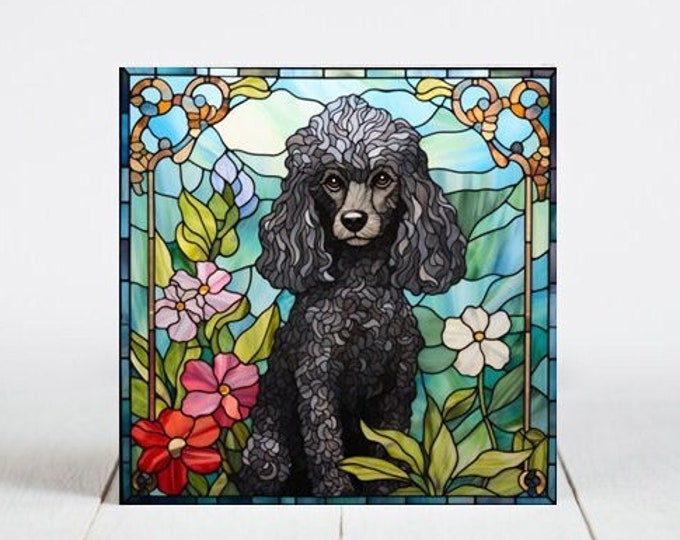 Poodle Ceramic Tile, Poodle Decorative Tile, Poodle Gift, Poodle Coaster, Faux Stained-Glass Dog Art