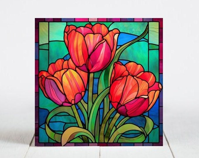 Tulips Ceramic Tile, Tulips Decorative Tile, Tulips Gift, Tulips Coaster, Faux Stained-Glass Art