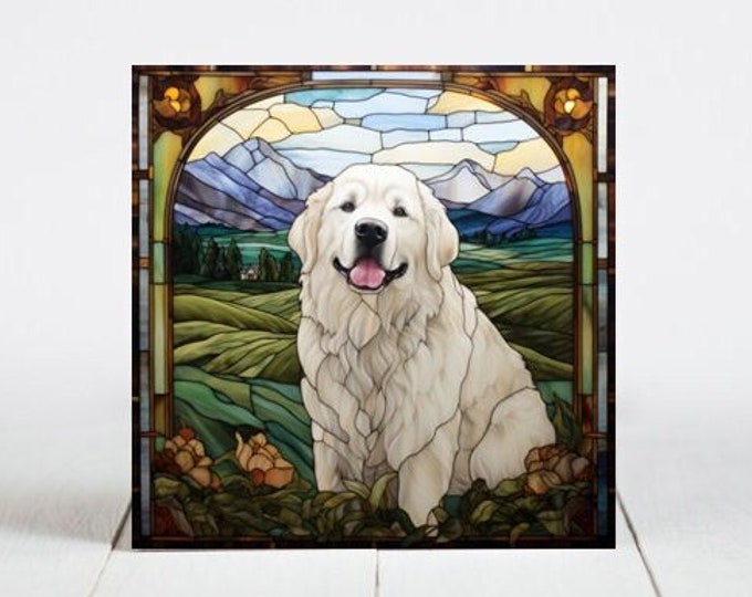 Great Pyrenees Ceramic Tile, Great Pyrenees Decorative Tile, Great Pyrenees Gift, Great Pyrenees Coaster, Faux Stained-Glass Dog Art