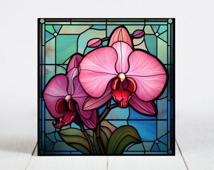 Orchid Flower Ceramic Tile, Orchid Flower Decorative Tile, Orchid Flower Gift, Orchid Flower Coaster, Faux Stained-Glass Art