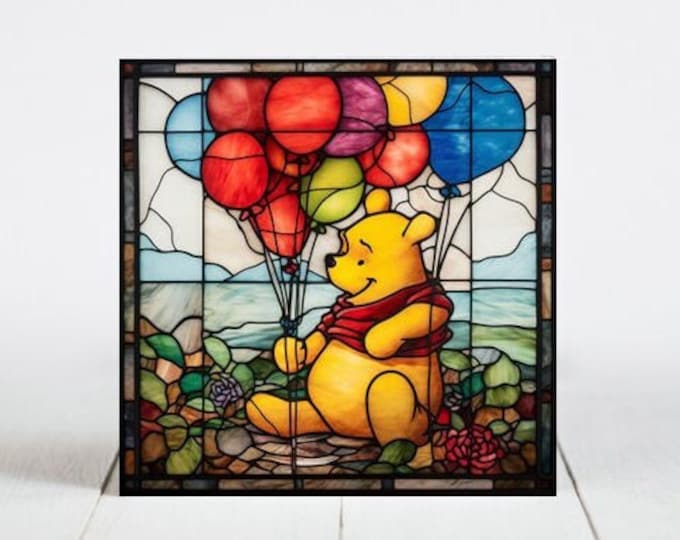 Winnie the Pooh Ceramic Tile, Winnie the Pooh Decorative Tile, Winnie the Pooh Gift, Winnie the Pooh Coaster, Faux Stained-Glass Dog Art