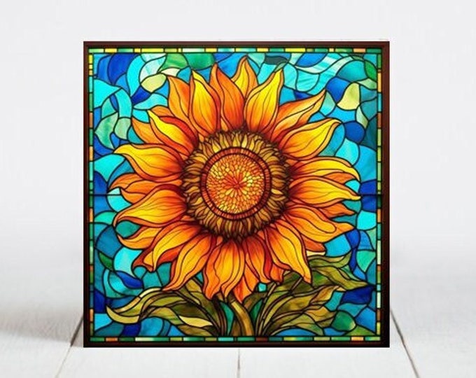 Sunflower Ceramic Tile, Sunflower Decorative Tile, Sunflower Gift, Sunflower Coaster, Faux Stained-Glass Art