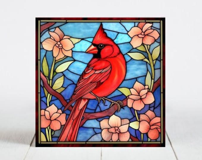 Cardinal Ceramic Tile, Cardinal Decorative Tile, Cardinal Gift, Cardinal Coaster, Faux Stained-Glass Dog Art