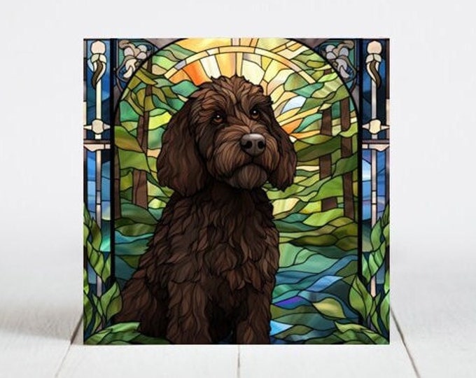 Labradoodle Ceramic Tile, Labradoodle Decorative Tile, Labradoodle Gift, Labradoodle Coaster, Faux Stained-Glass Dog Art