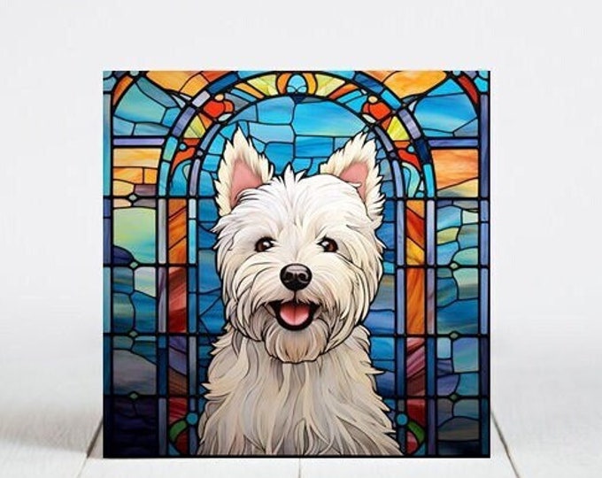 Westie Ceramic Tile, Westie Decorative Tile, Westie Gift, Westie Coaster, Faux Stained-Glass Dog Art