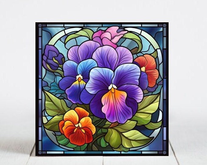 Pansy Flowers Ceramic Tile, Pansies Decorative Tile, Pansies Gift, Pansies Coaster, Faux Stained-Glass Art